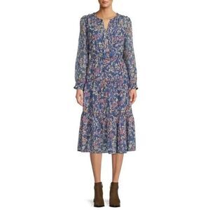 BeachLunchLounge Tiered floral midi Dress Size XL‎ blue chiffon long sleeve